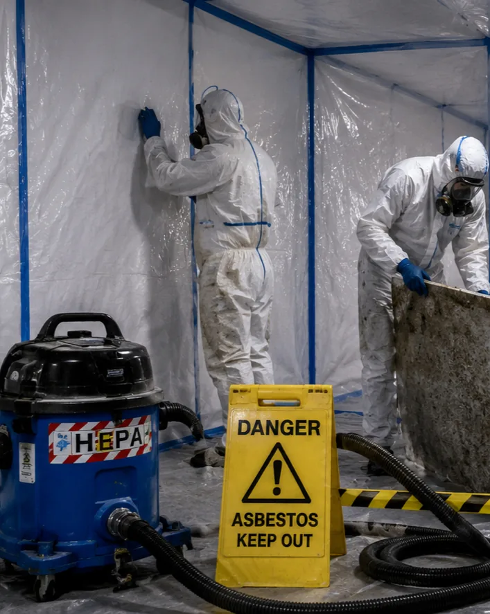 Two licensed operatives removing asbestos inside a sealed enclosure Asbestos Removal Team Ltd Stockport