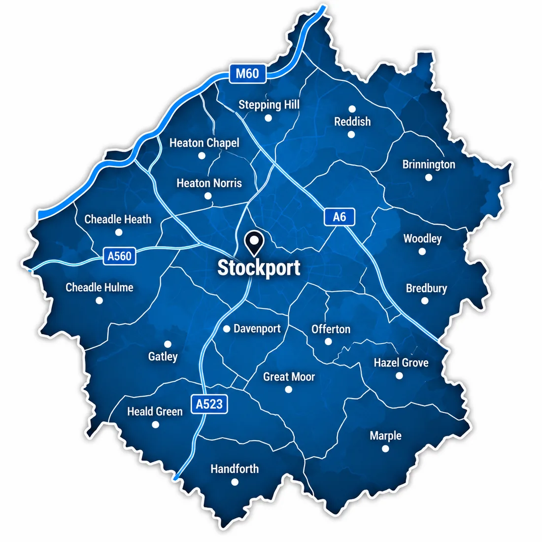 Map of Stockport areas covered for asbestos removal by Asbestos Removal Team Ltd