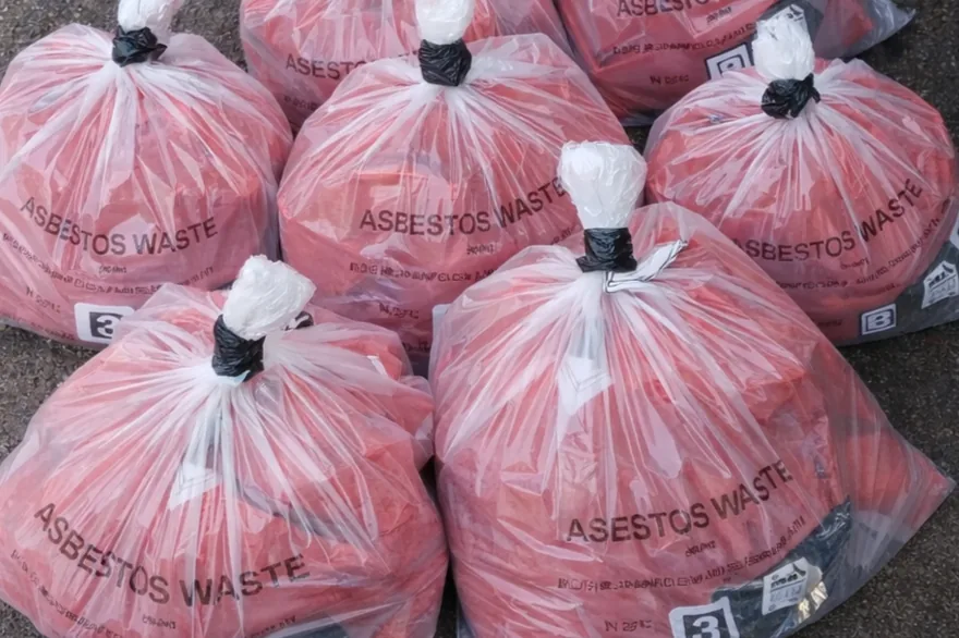 Double bagged and labelled asbestos waste ready for licensed collection and disposal Asbestos Removal Team Ltd