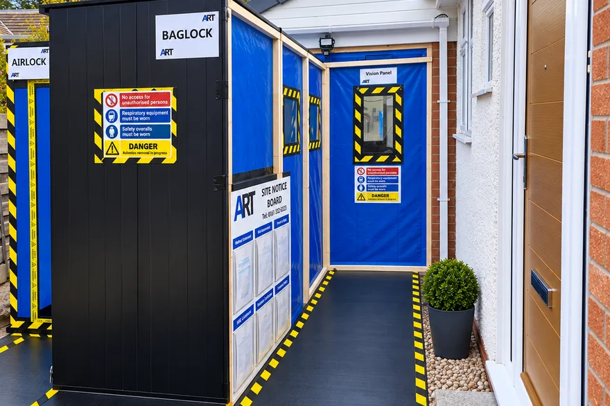 Decontamination unit and baglock set up outside a house for domestic asbestos removal Asbestos Removal Team Ltd Stockport
